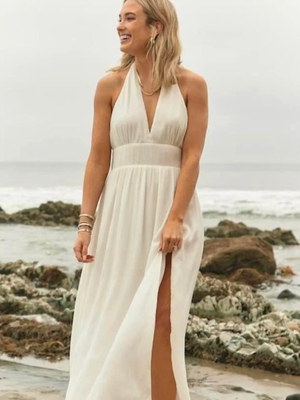 Abercrombie Plunge Halter Maxi Dress in White